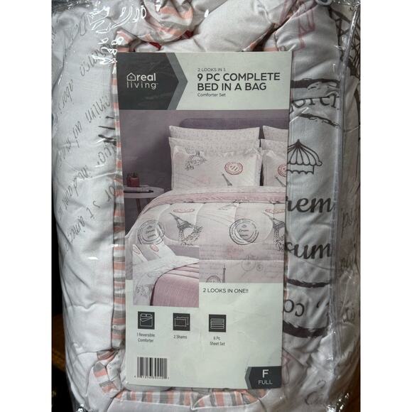 Real Living 9 PC Reversible Bed in a Bag Comforter Set Full, pink/gray - Picture 3 of 4
